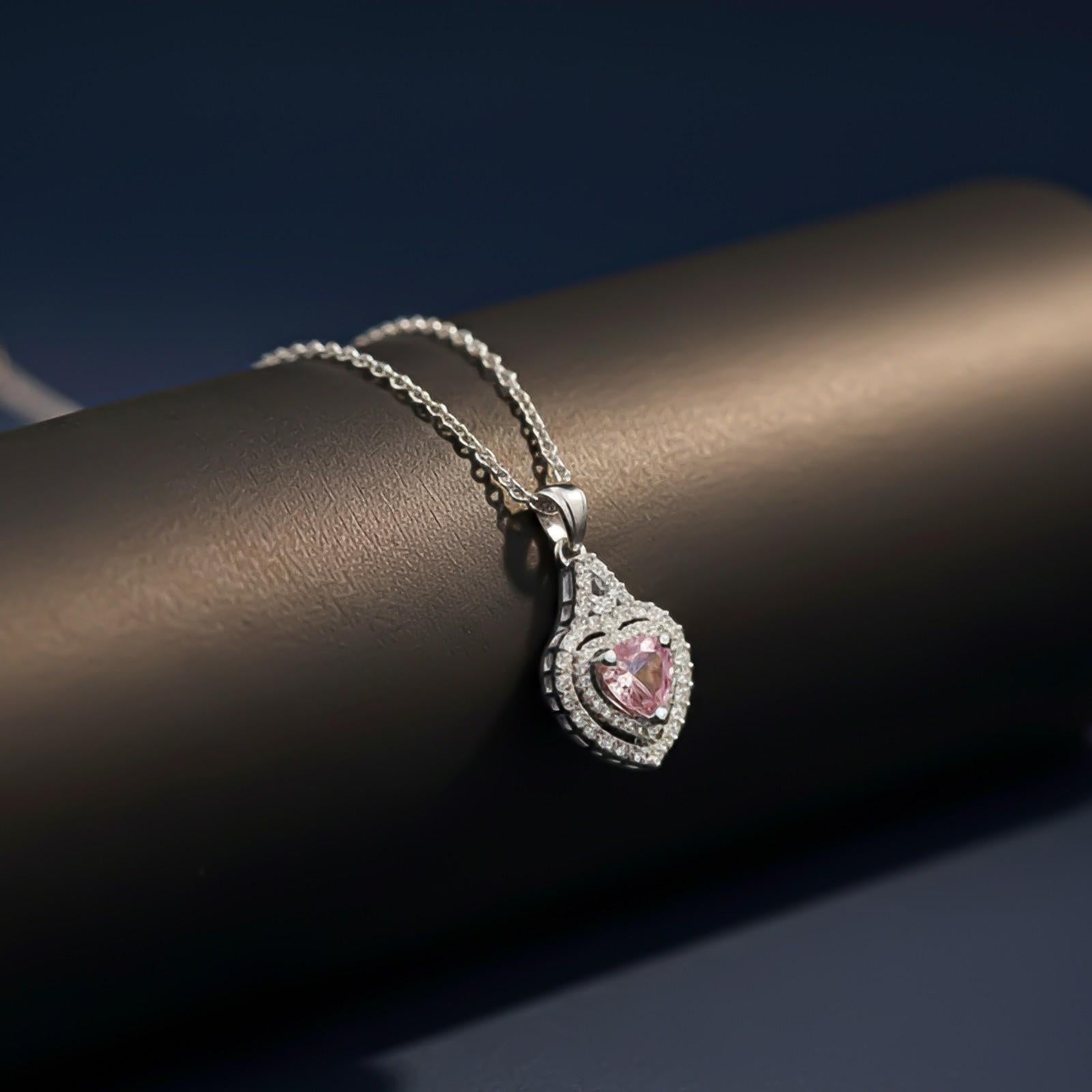 Silver Pink Sapphire Heart Halo Pendant