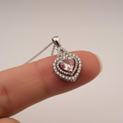 Silver Pink Sapphire Heart Halo Pendant