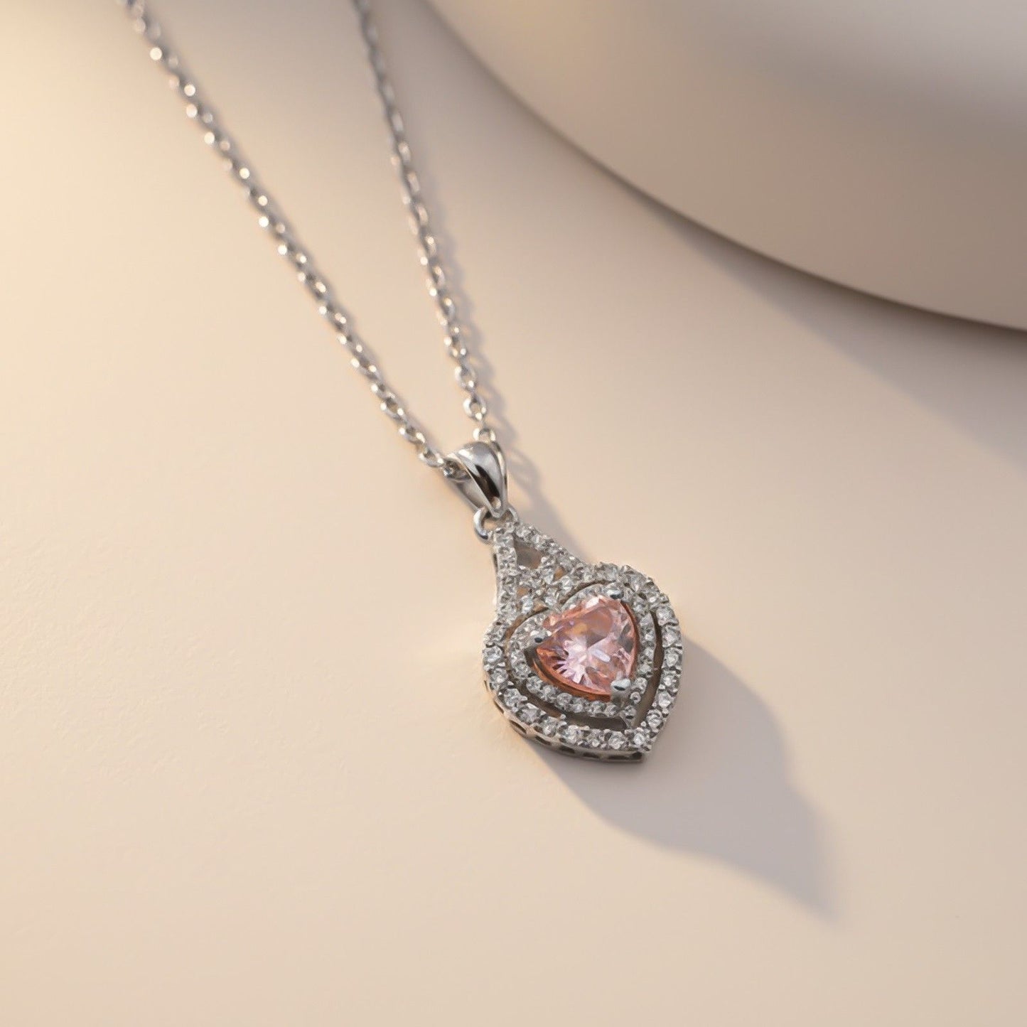 Silver Pink Sapphire Heart Halo Pendant