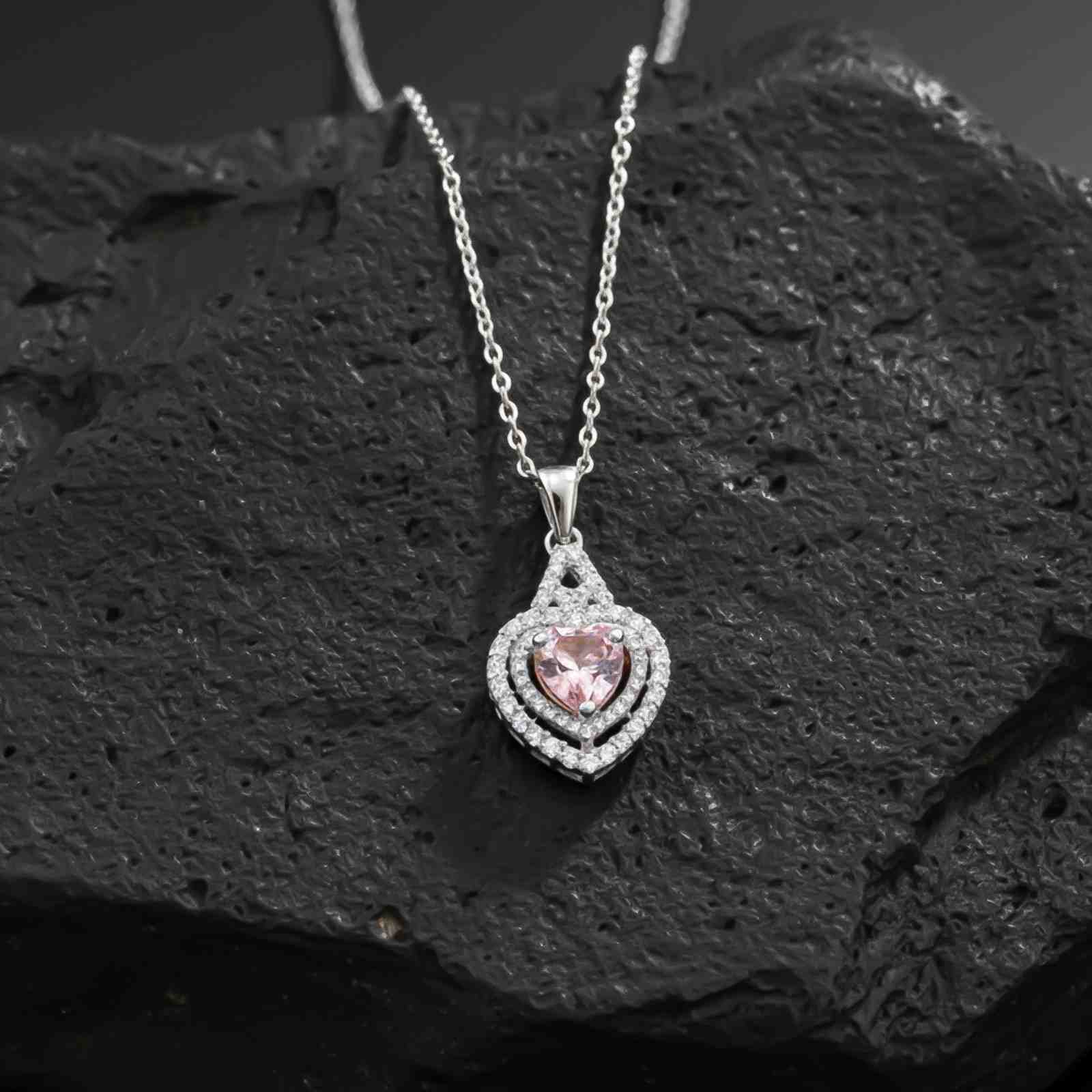 Silver Pink Sapphire Heart Halo Pendant