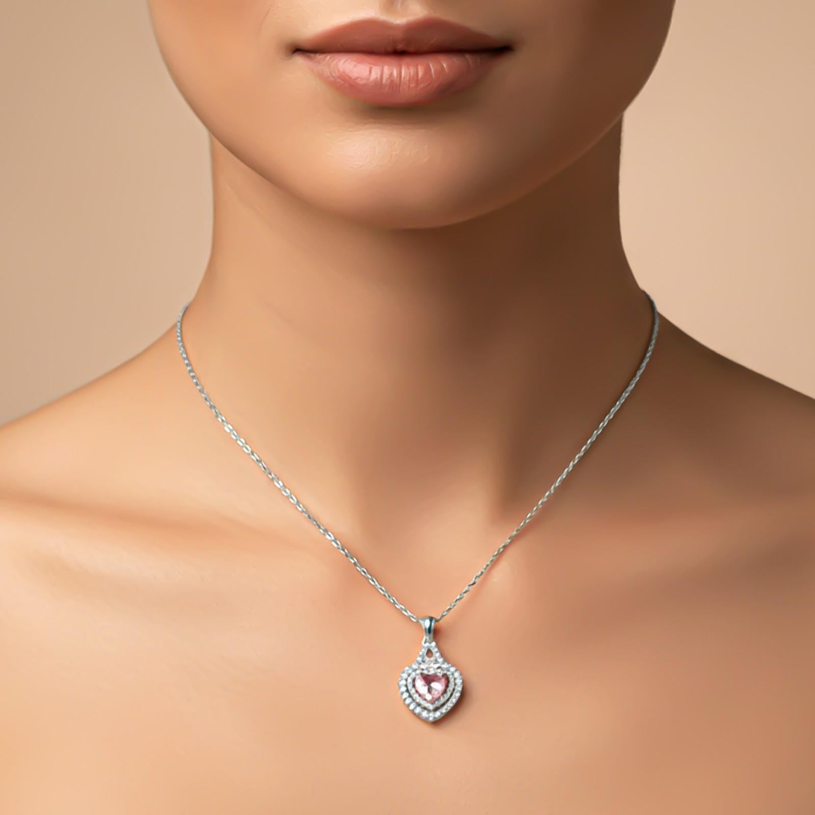 Silver Pink Sapphire Heart Halo Pendant