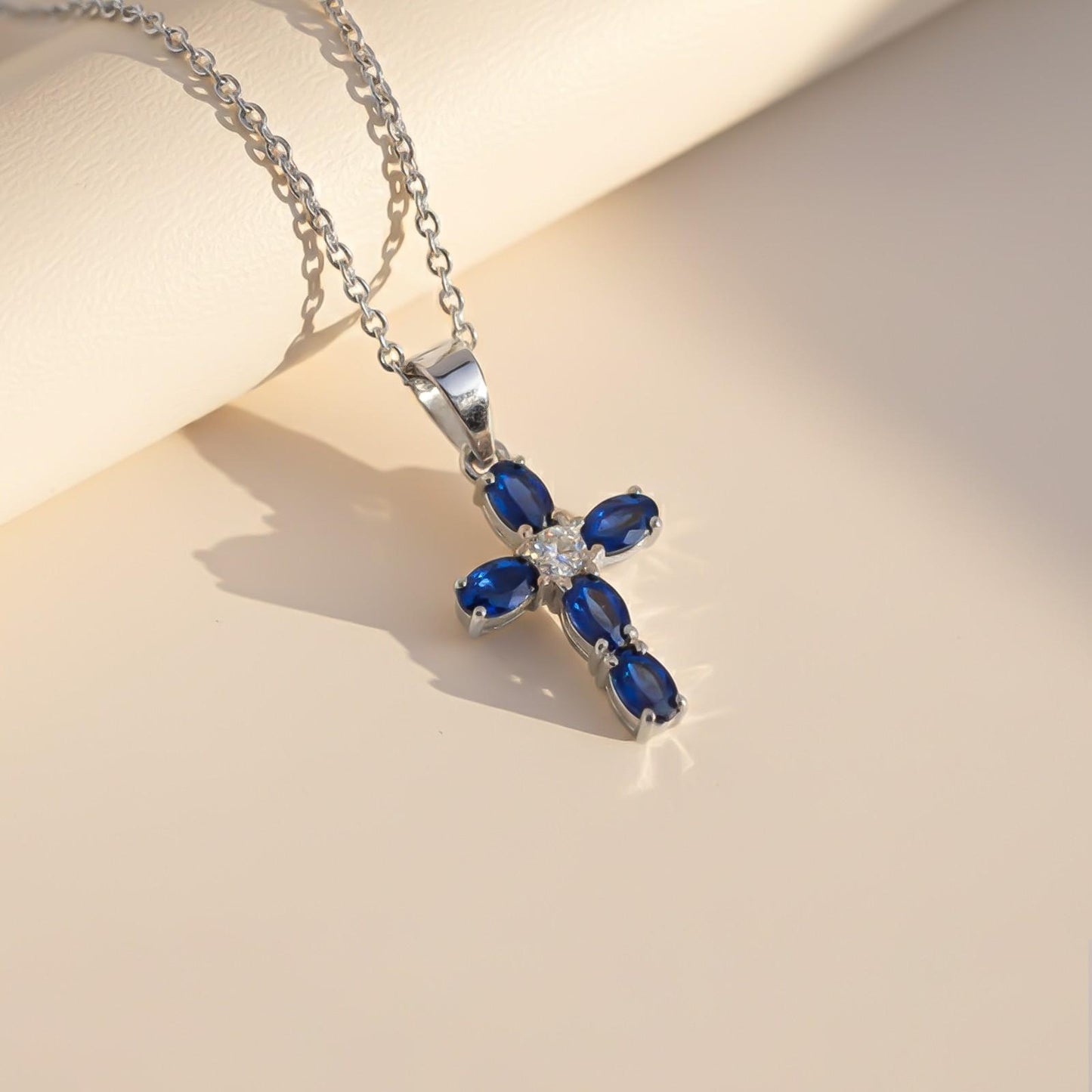 Silver Blue Sapphire Cross Pendant