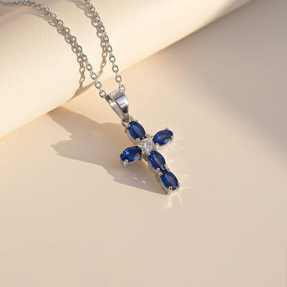 Silver Blue Sapphire Cross Pendant