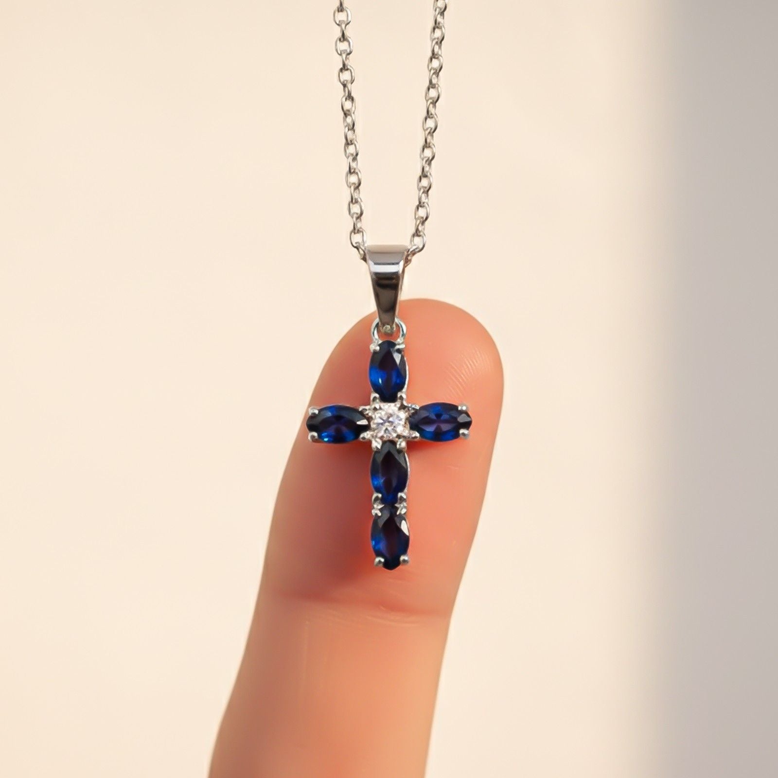 Silver Blue Sapphire Cross Pendant