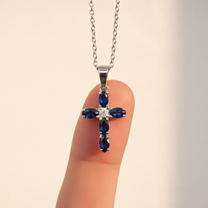 Silver Blue Sapphire Cross Pendant