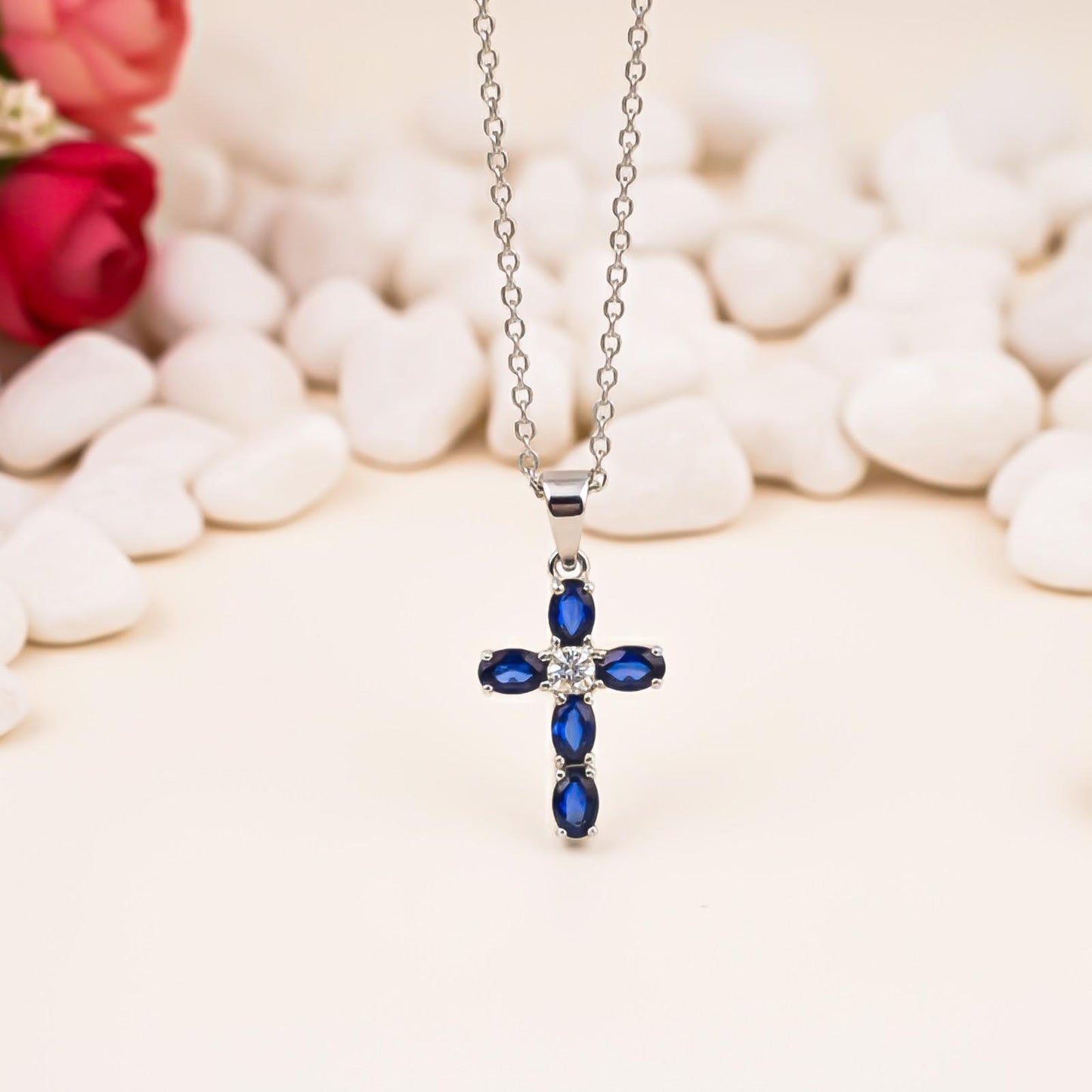 Silver Blue Sapphire Cross Pendant