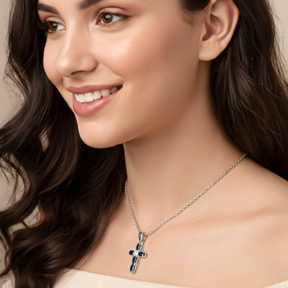 Silver Blue Sapphire Cross Pendant