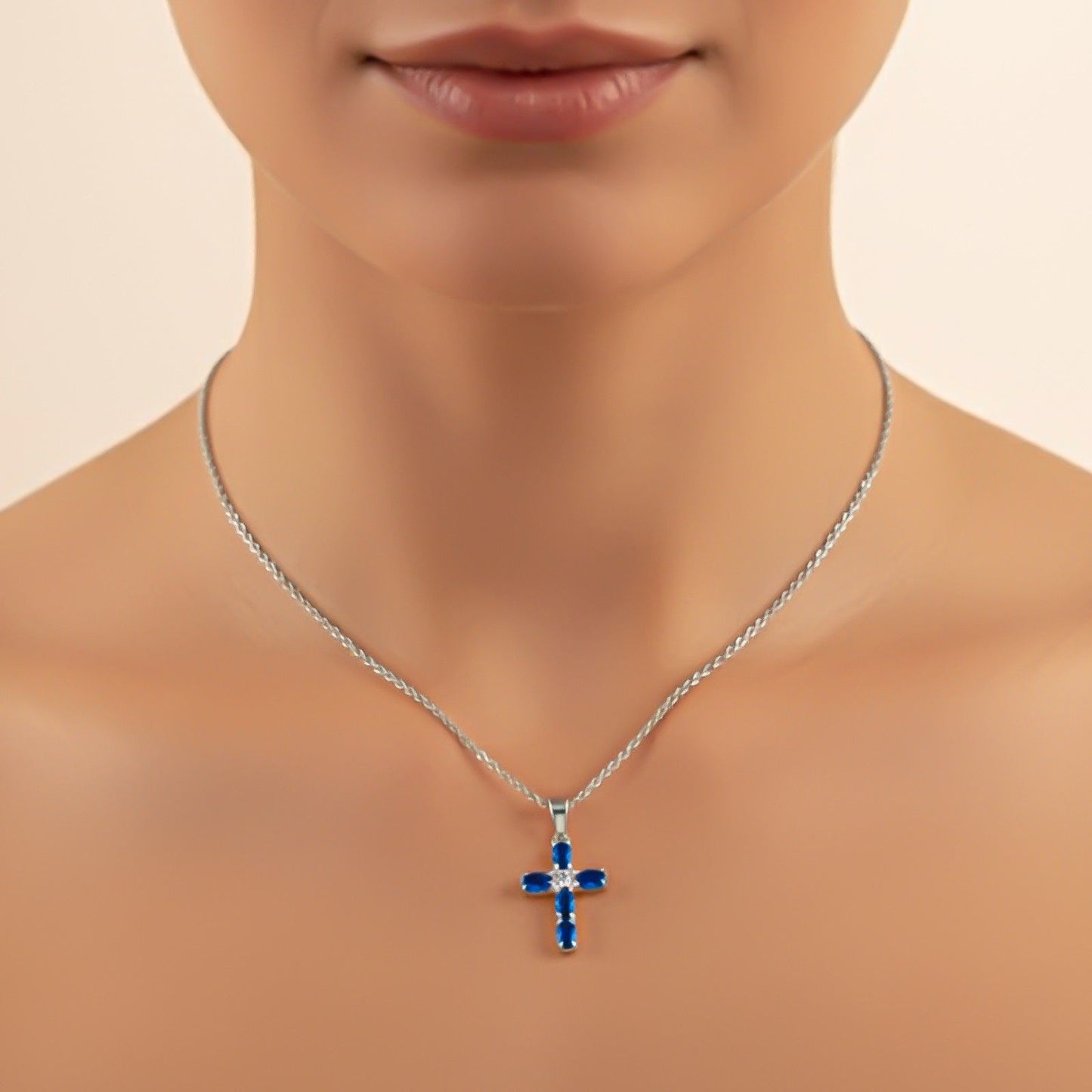 Silver Blue Sapphire Cross Pendant