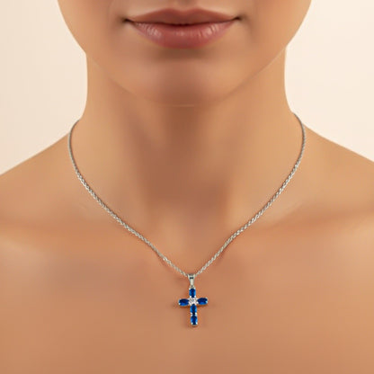 Silver Blue Sapphire Cross Pendant