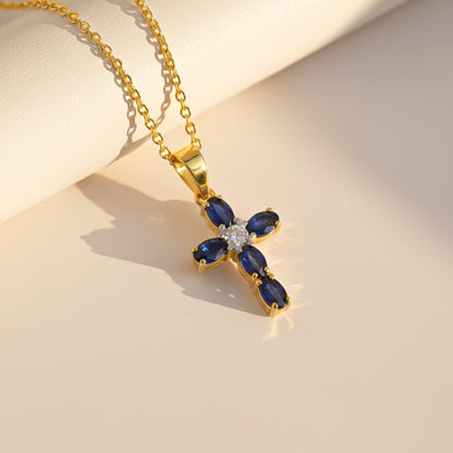 Silver Blue Sapphire Cross Pendant