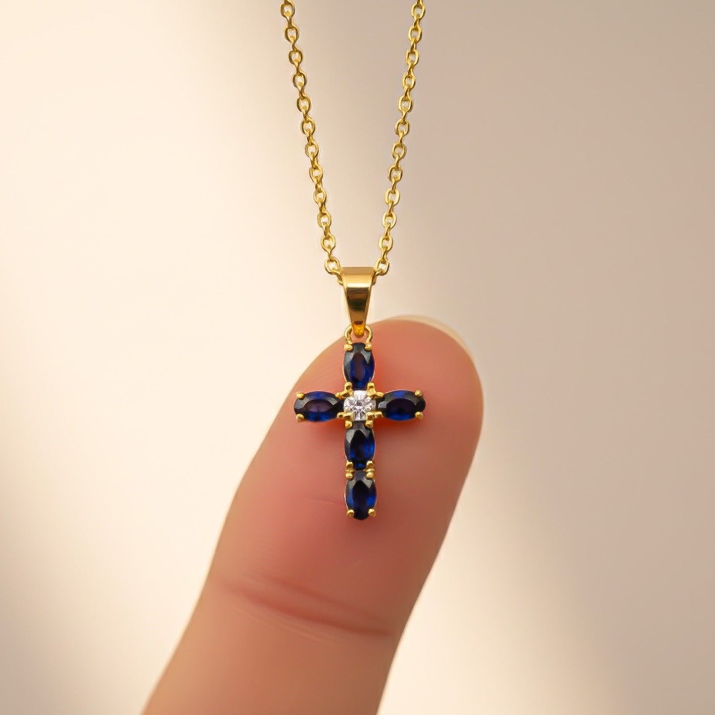 Silver Blue Sapphire Cross Pendant
