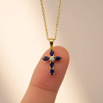 Silver Blue Sapphire Cross Pendant