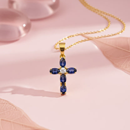 Silver Blue Sapphire Cross Pendant