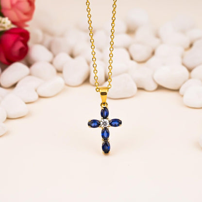 Silver Blue Sapphire Cross Pendant