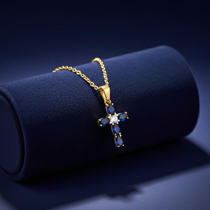 Silver Blue Sapphire Cross Pendant