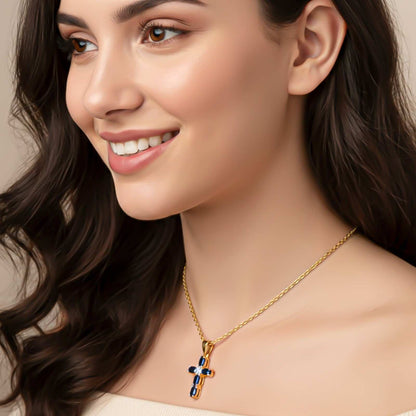 Silver Blue Sapphire Cross Pendant