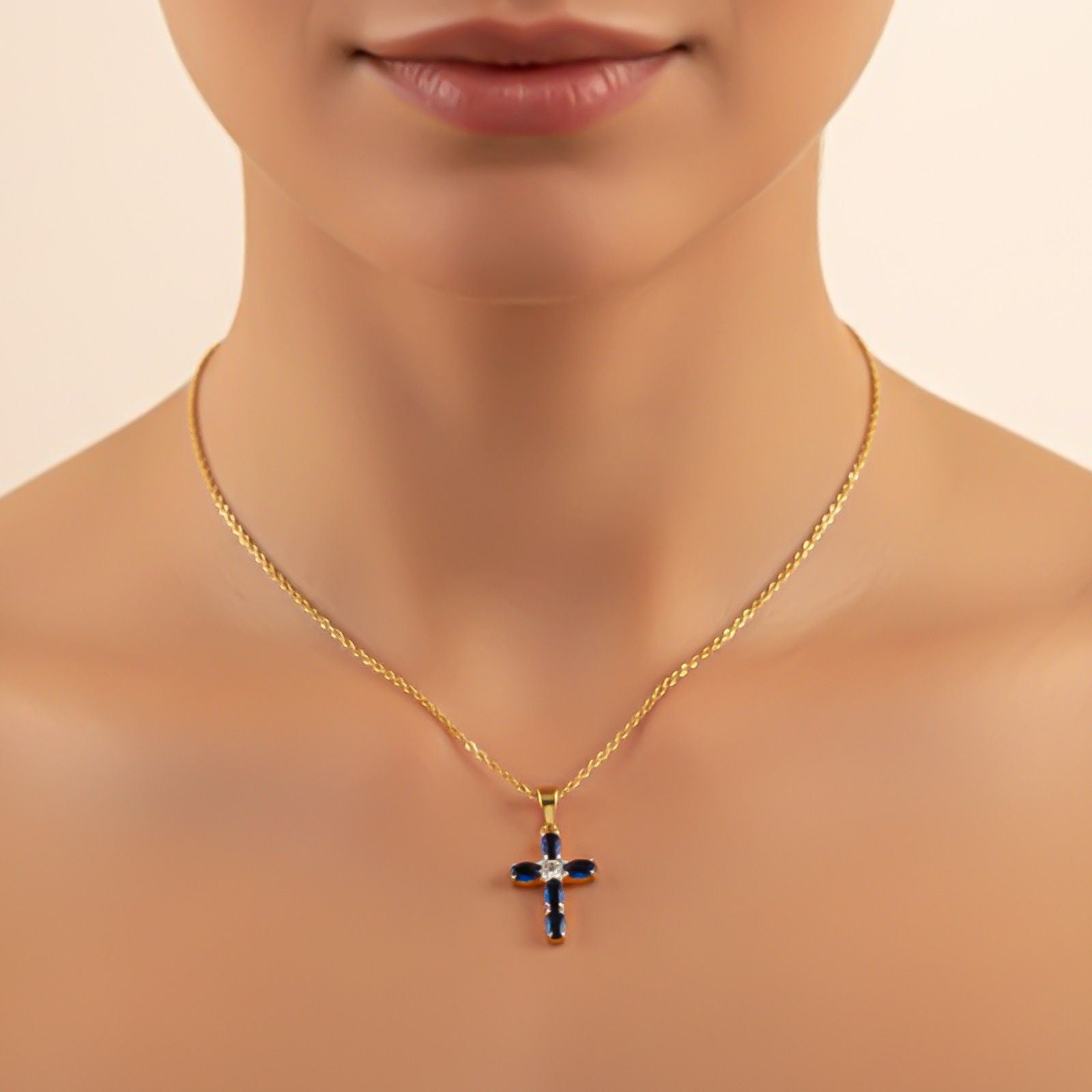 Silver Blue Sapphire Cross Pendant