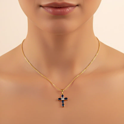 Silver Blue Sapphire Cross Pendant