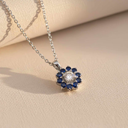 Silver Blue Sapphire Floral Halo Pendant