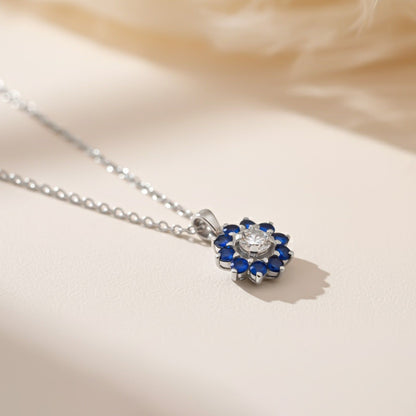 Silver Blue Sapphire Floral Halo Pendant