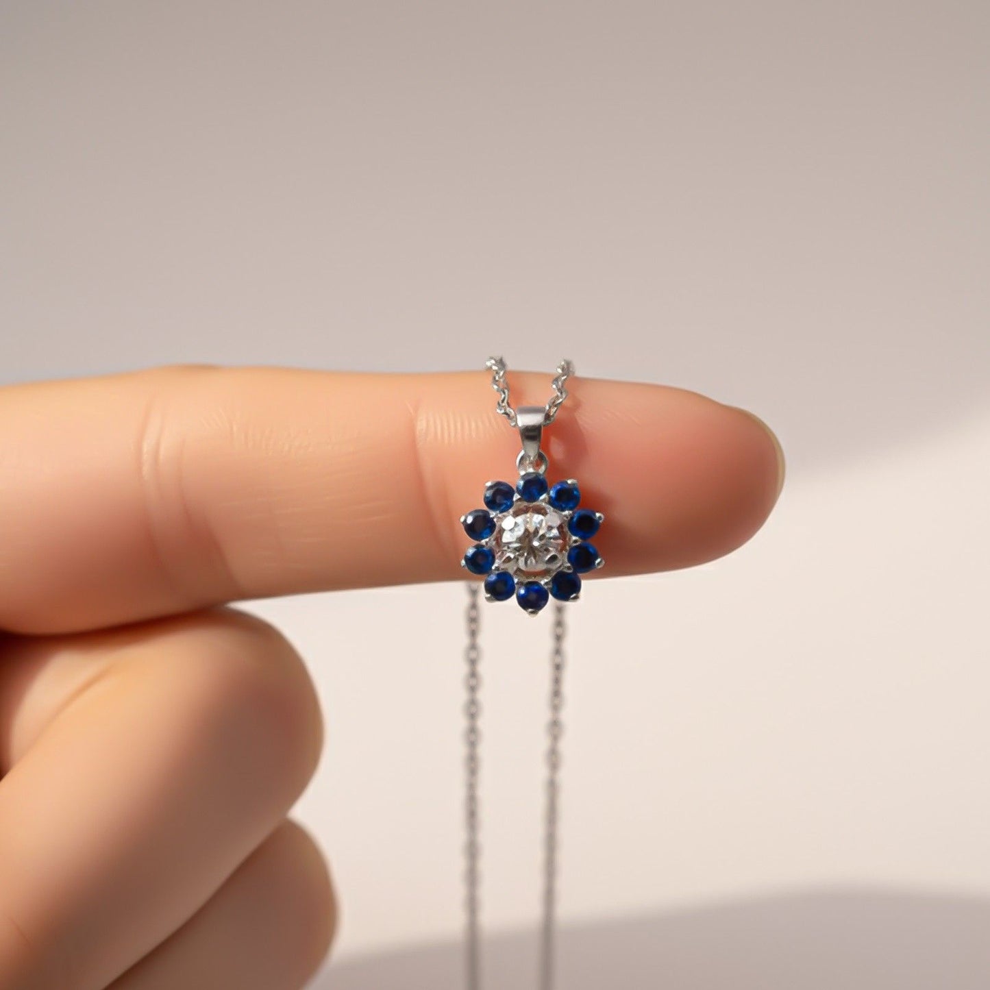 Silver Blue Sapphire Floral Halo Pendant