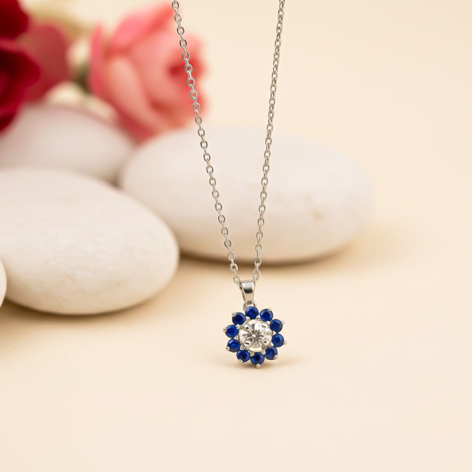 Silver Blue Sapphire Floral Halo Pendant