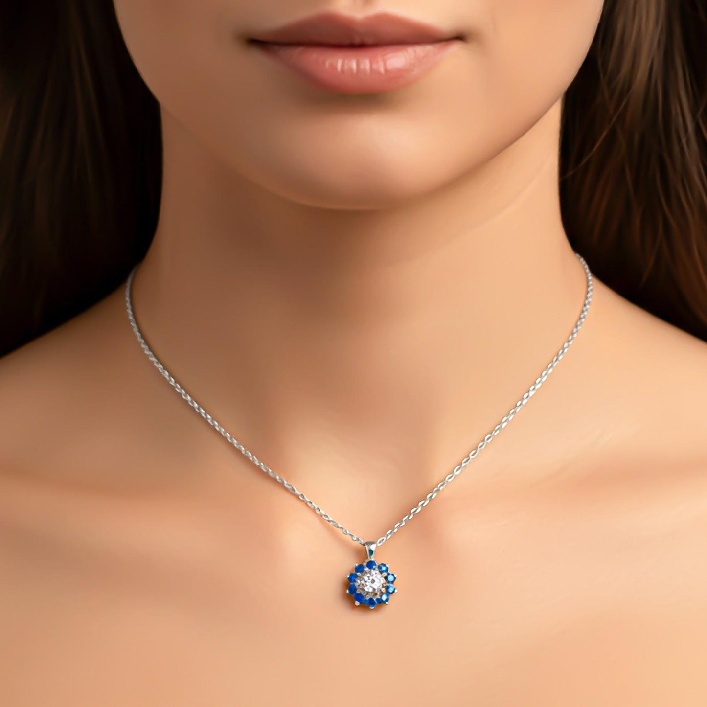 Silver Blue Sapphire Floral Halo Pendant