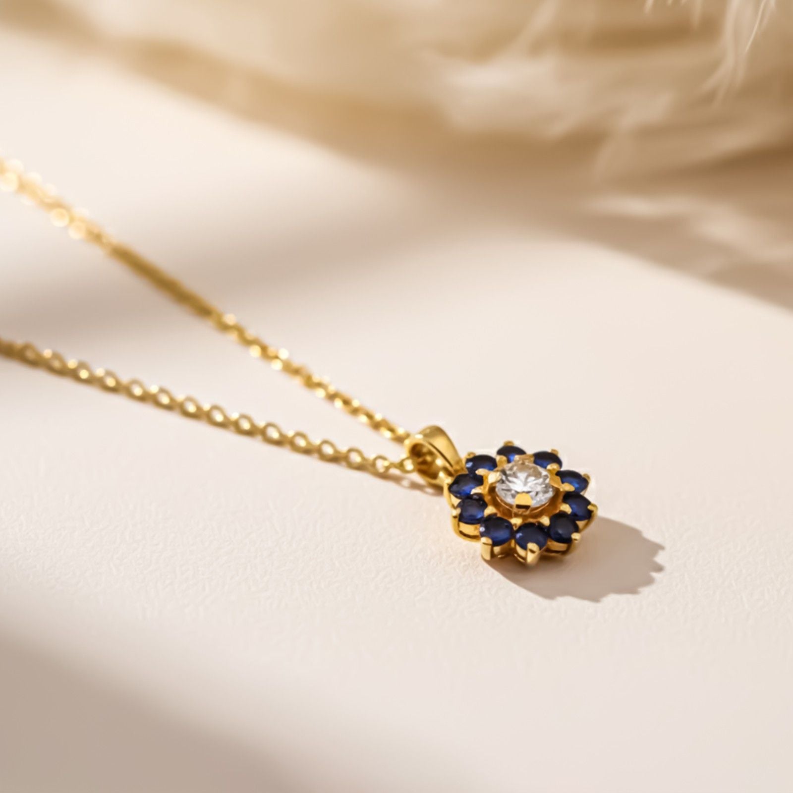 Silver Blue Sapphire Floral Halo Pendant