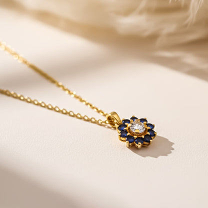 Silver Blue Sapphire Floral Halo Pendant