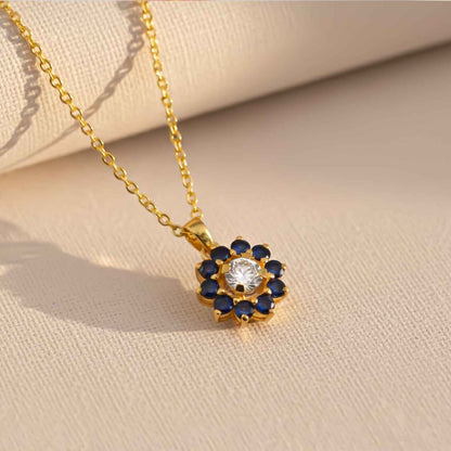 Silver Blue Sapphire Floral Halo Pendant