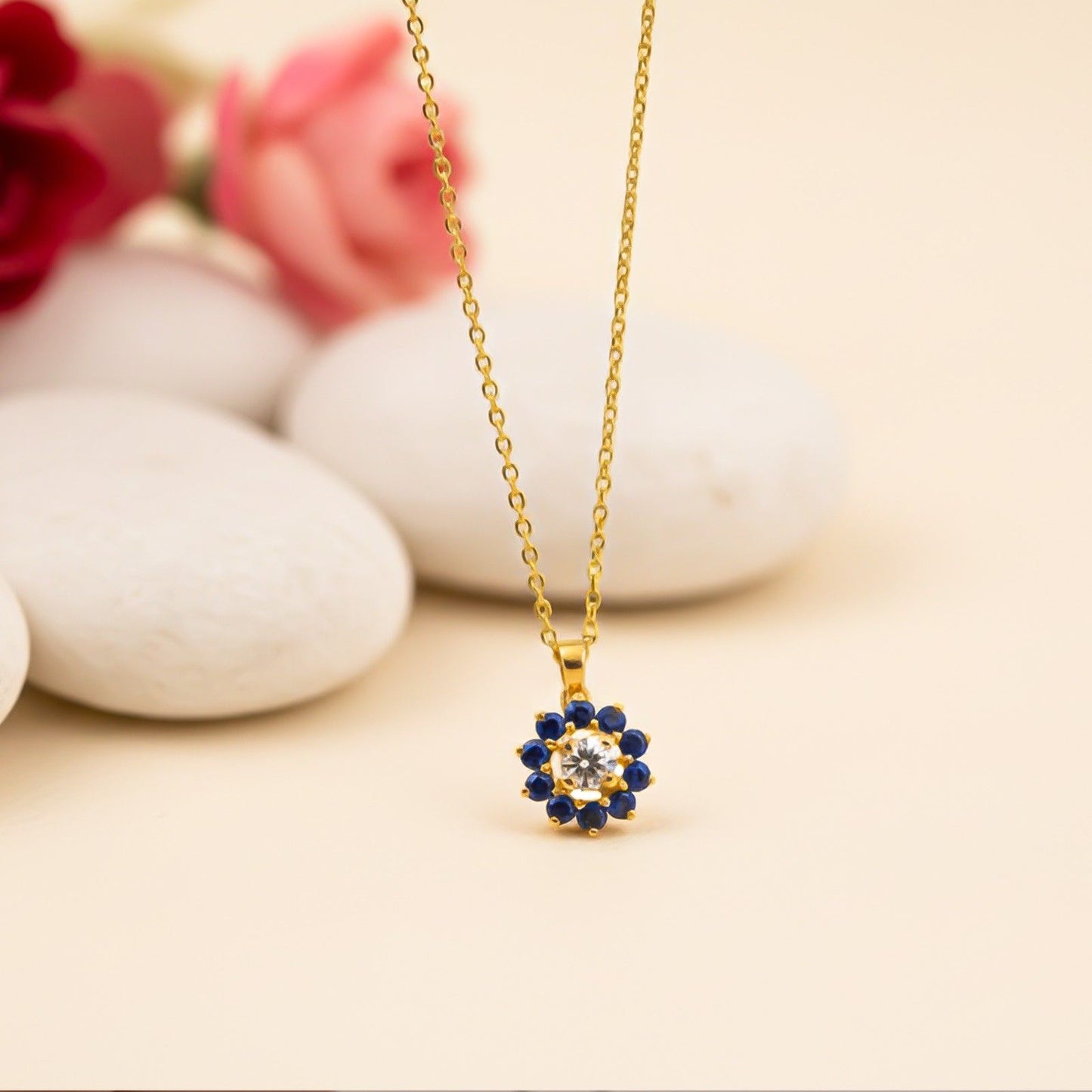 Silver Blue Sapphire Floral Halo Pendant