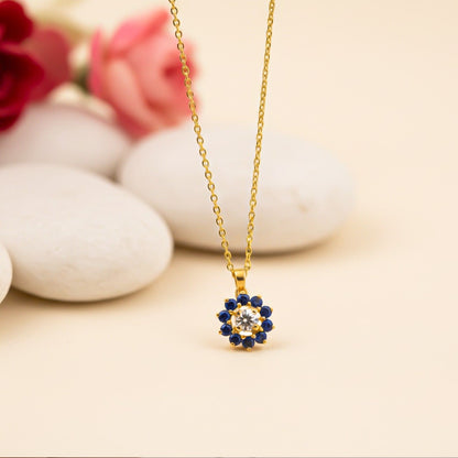 Silver Blue Sapphire Floral Halo Pendant