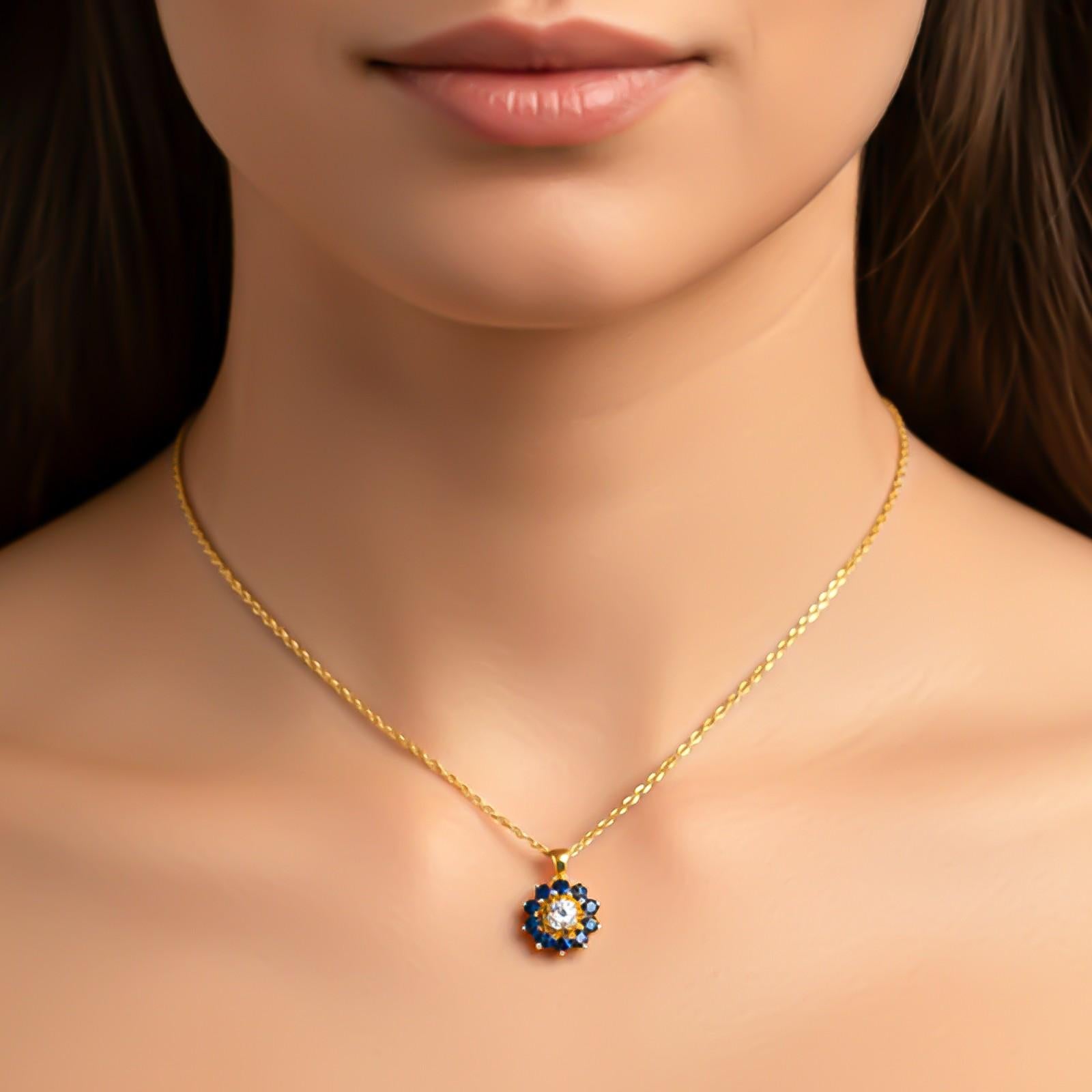 Silver Blue Sapphire Floral Halo Pendant