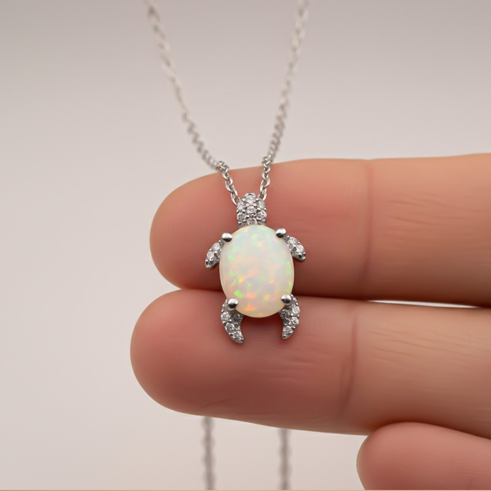 Silver Opal Turtle Diamond Pendant