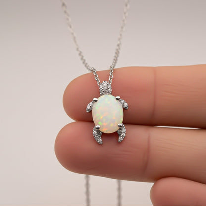Silver Opal Turtle Diamond Pendant