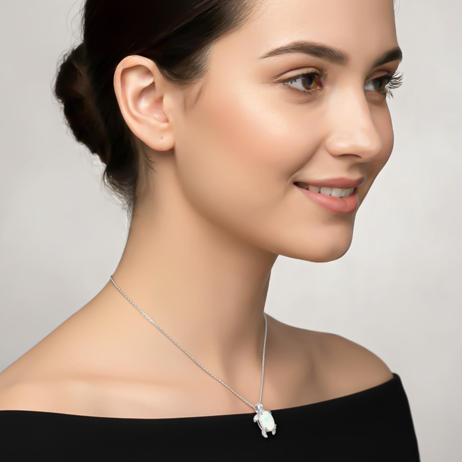 Silver Opal Turtle Diamond Pendant