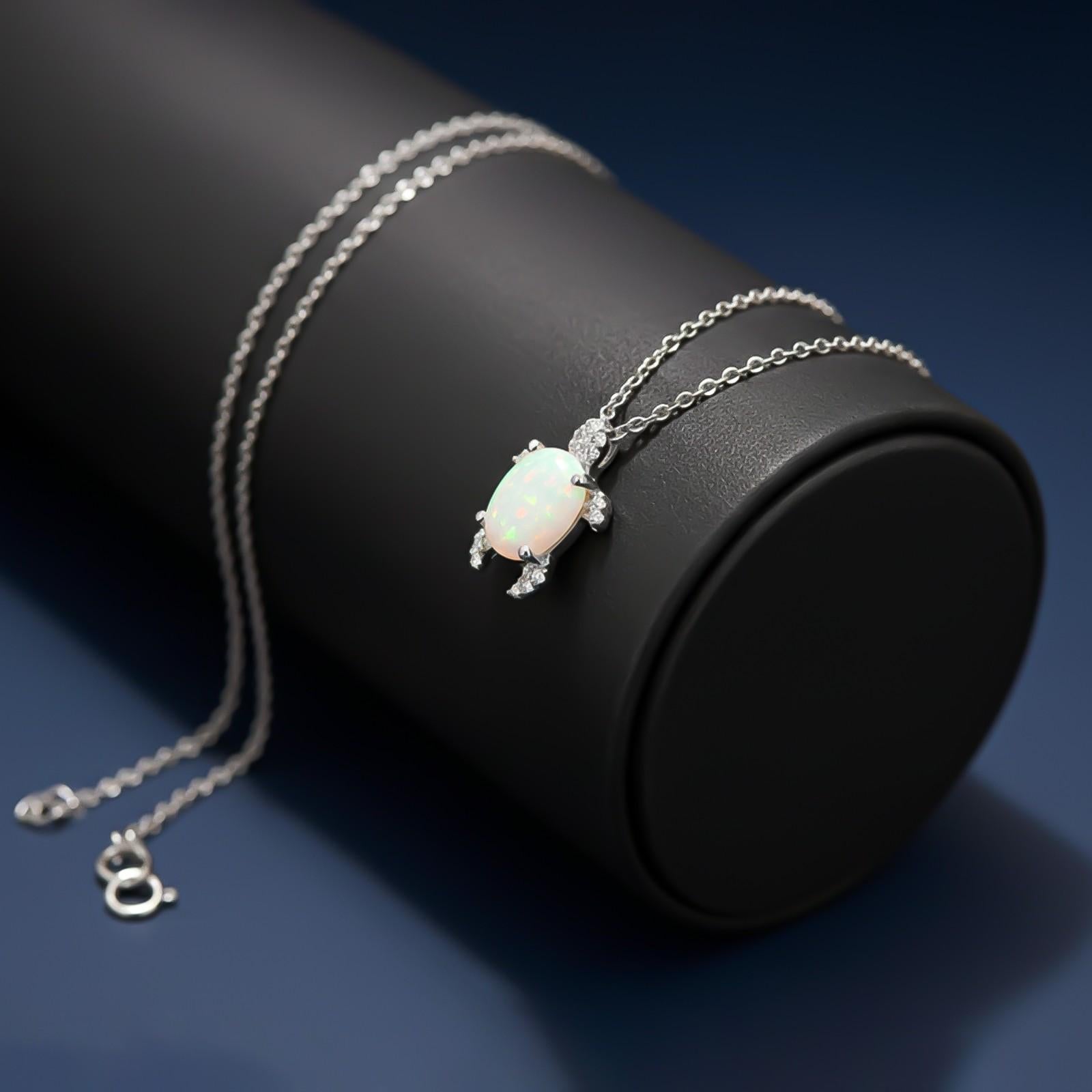 Silver Opal Turtle Diamond Pendant