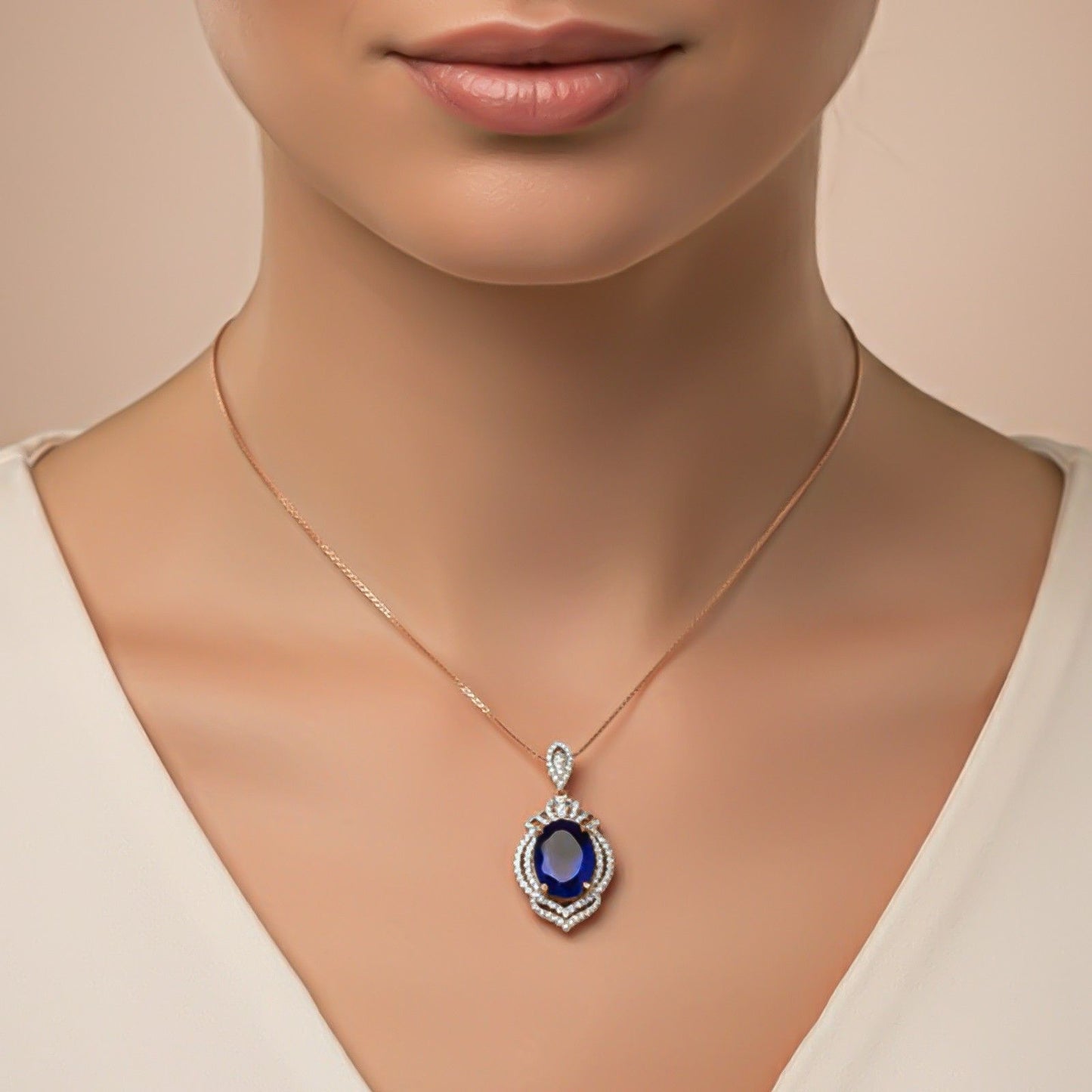 Silver Blue Sapphire Double Halo Pendant