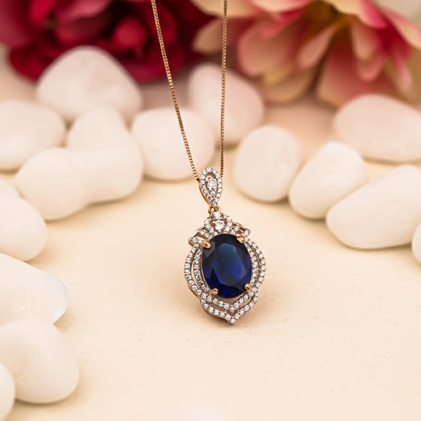 Silver Blue Sapphire Double Halo Pendant