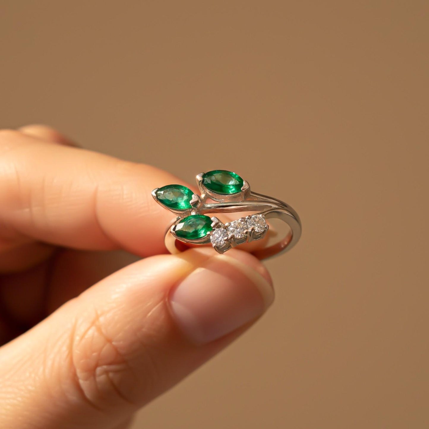 Silver Green Emerald Leaf Design Ring