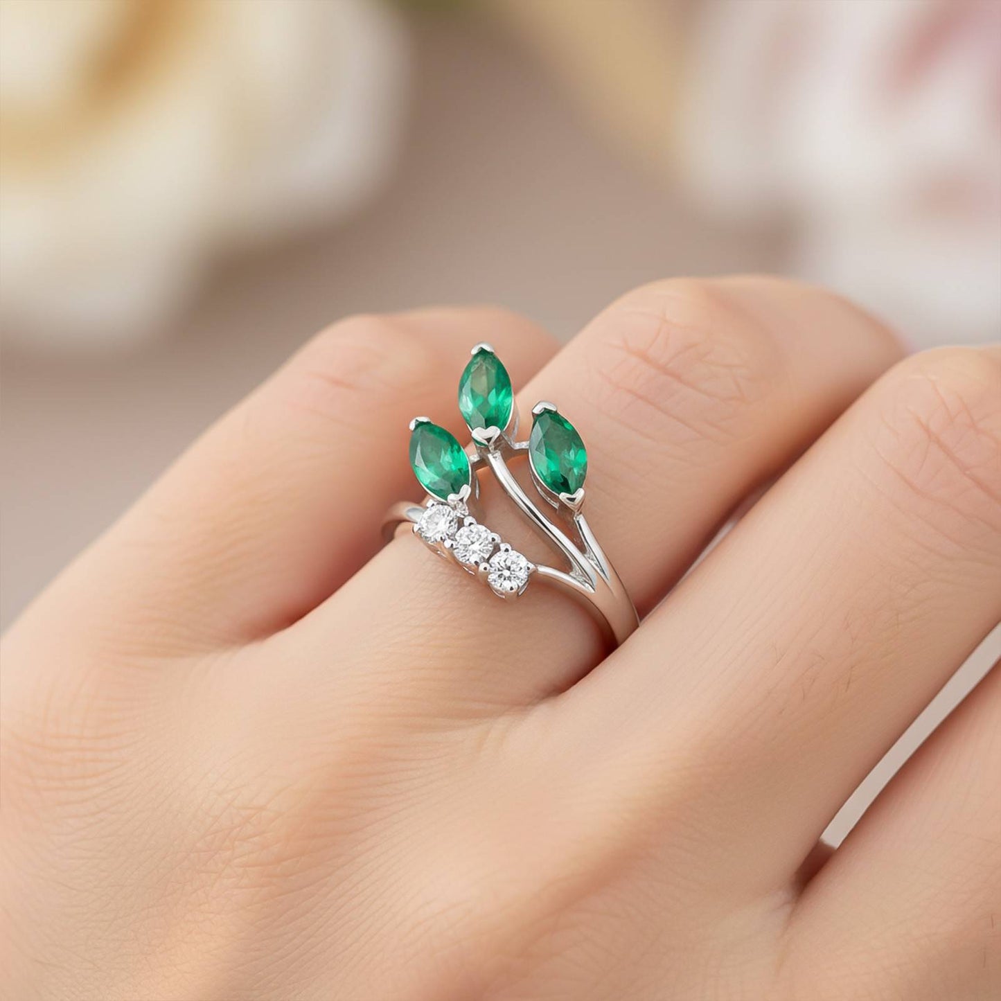 Silver Green Emerald Leaf Design Ring