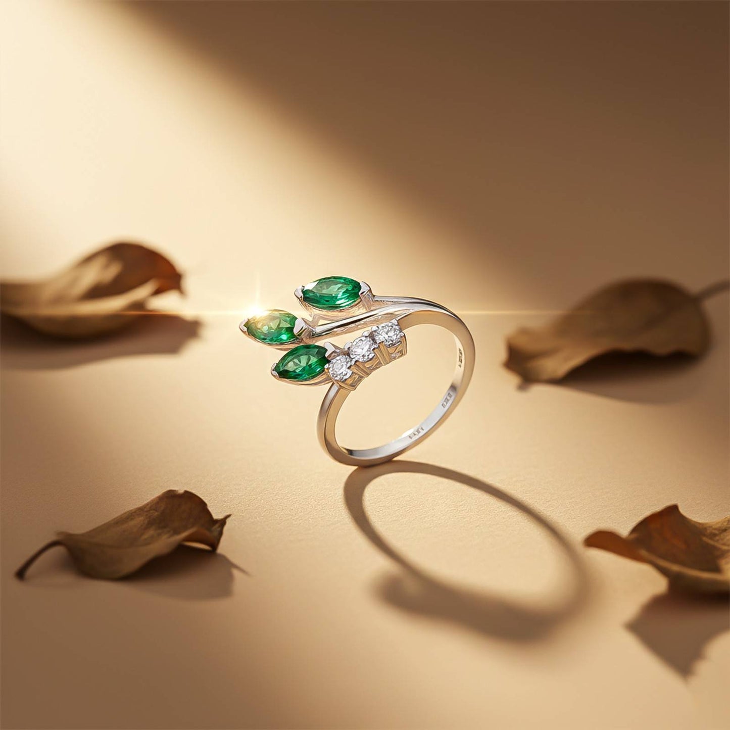 Silver Green Emerald Leaf Design Ring