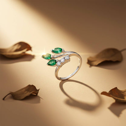 Silver Green Emerald Leaf Design Ring