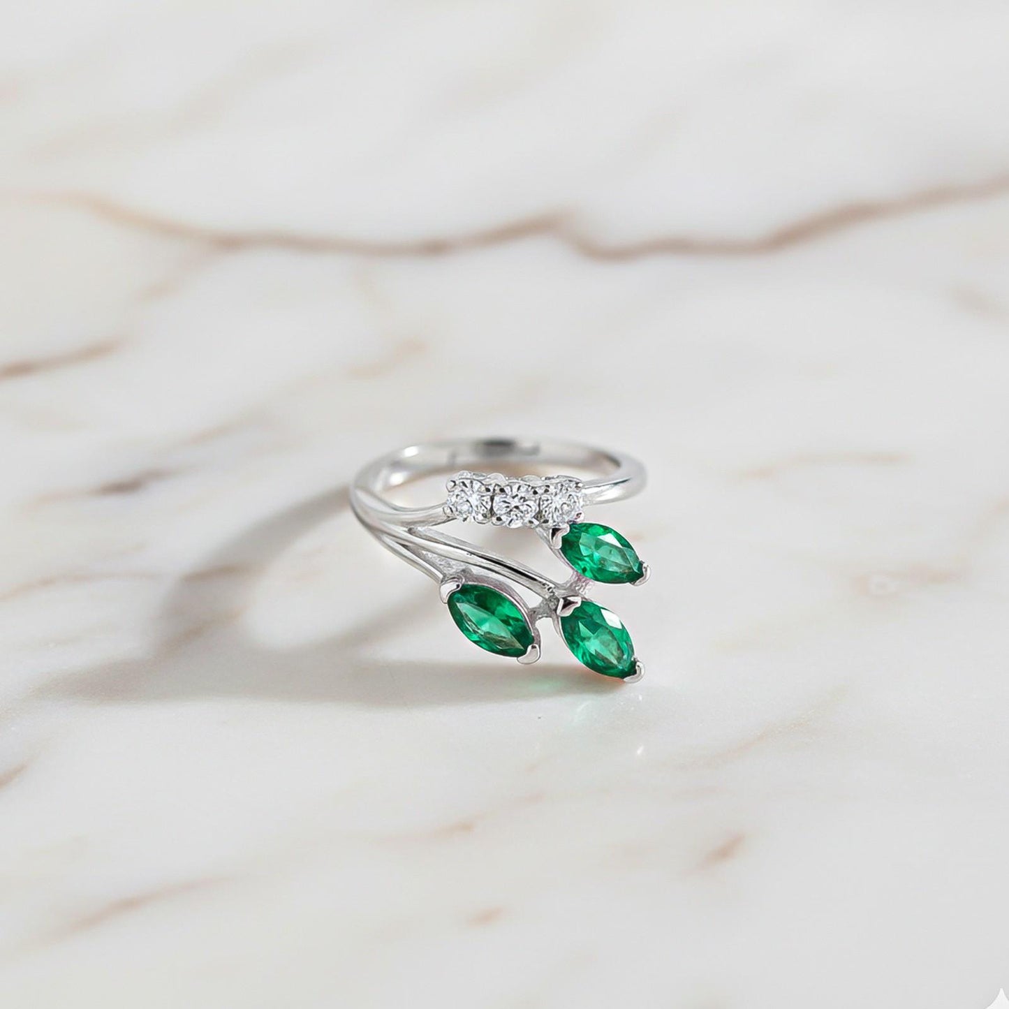 Silver Green Emerald Leaf Design Ring