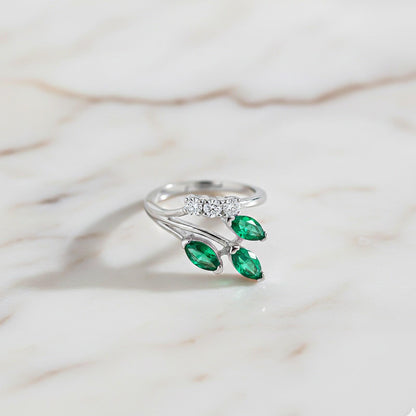 Silver Green Emerald Leaf Design Ring