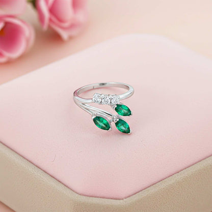Silver Green Emerald Leaf Design Ring