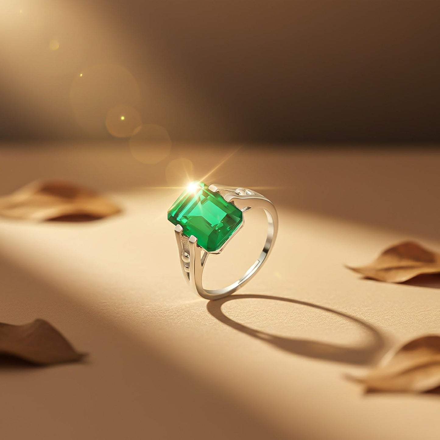 Silver Green Emerald Solitaire Silver Ring