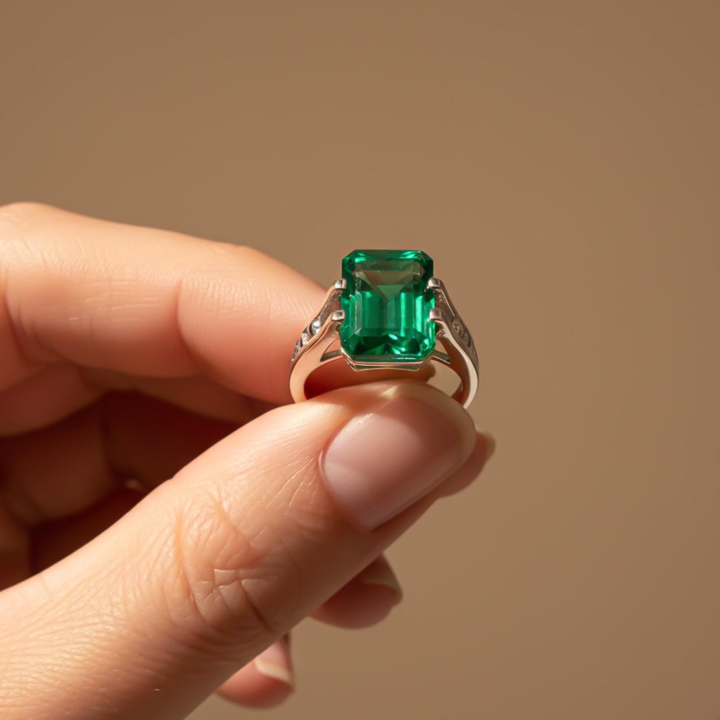 Silver Green Emerald Solitaire Silver Ring