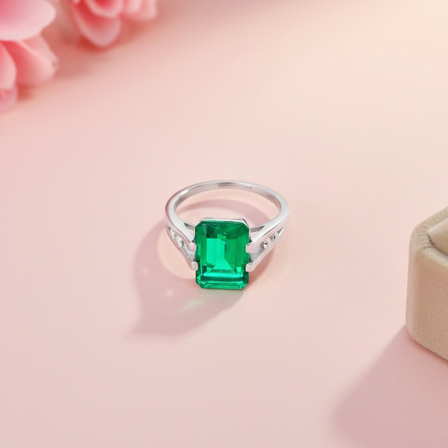 Silver Green Emerald Solitaire Silver Ring