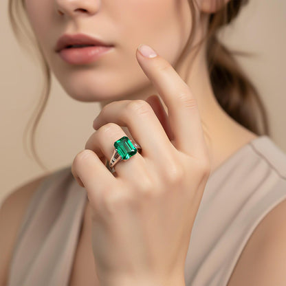Silver Green Emerald Solitaire Silver Ring